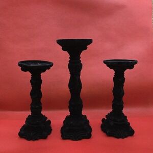 Set Of 3 Black Felt Candle Stick Holder Halloween Table Decor Spindle‎ Ornate